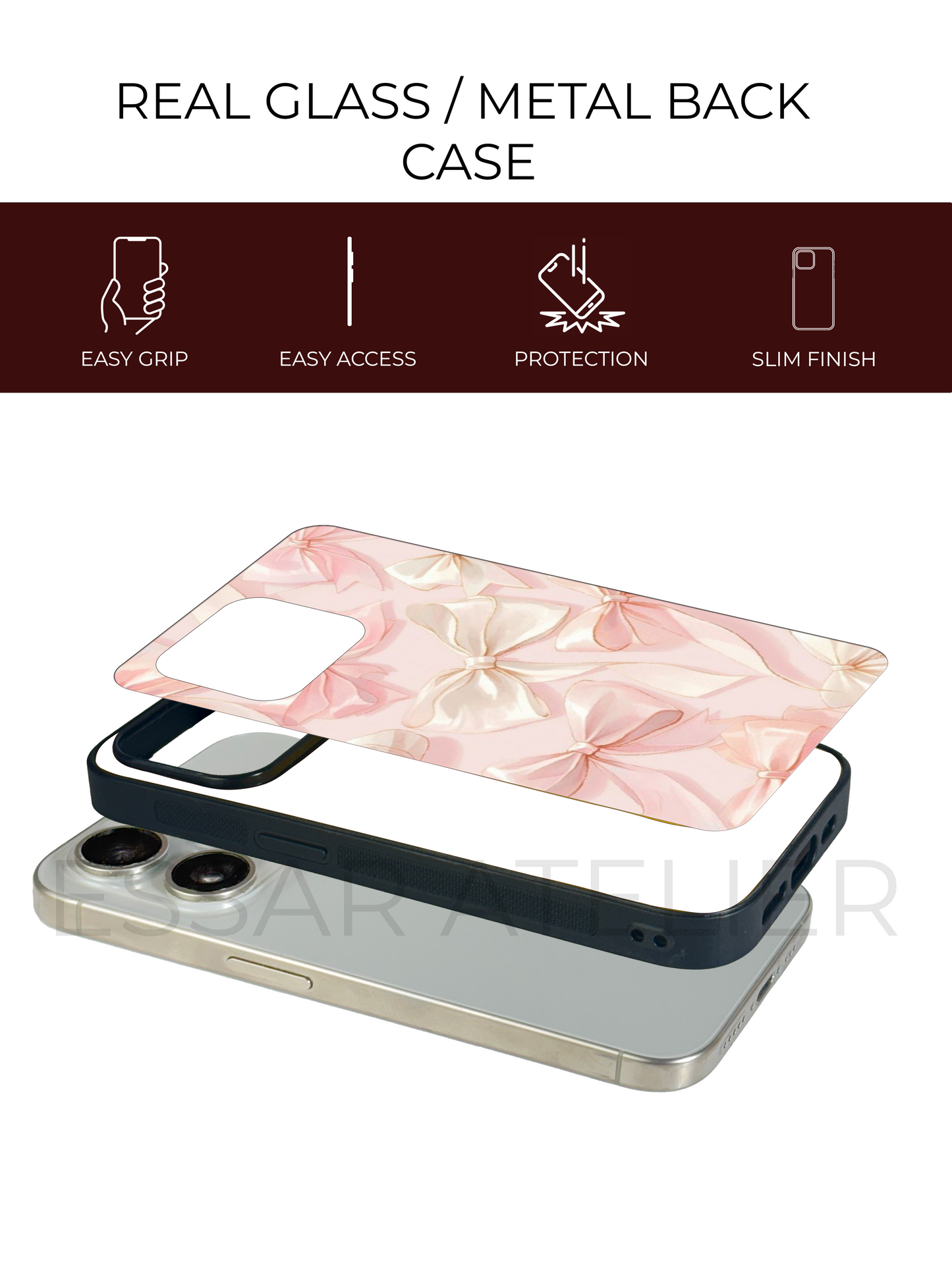 Silky Bow Premium Glass Back Cover For iPhone 13,14,15,16 Models | 4K Permanent Prints | Gloss Finish