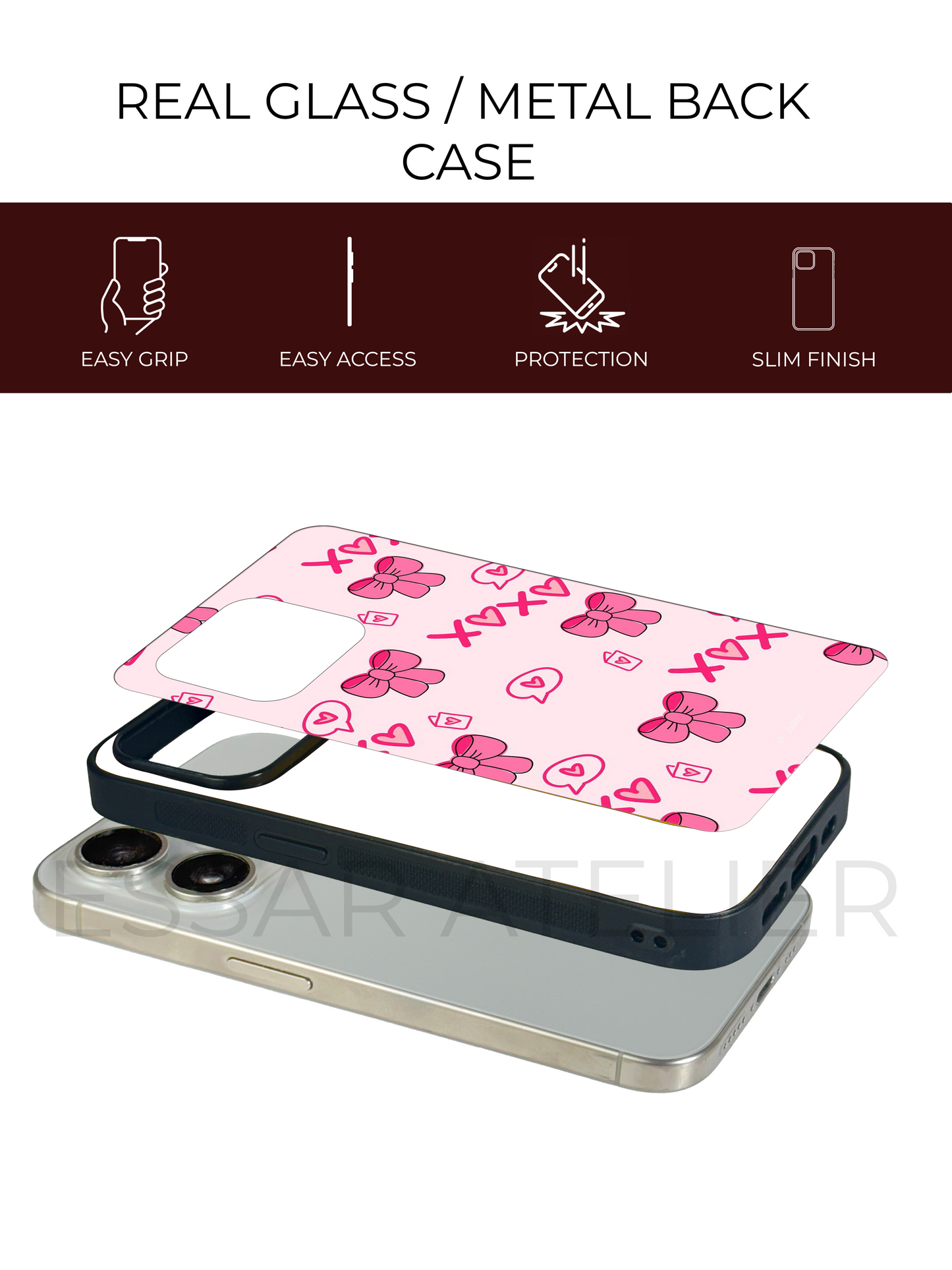 XOXO Bows Premium Glass Back Cover For iPhone 13,14,15,16 Models | 4K Permanent Prints | Gloss Finish
