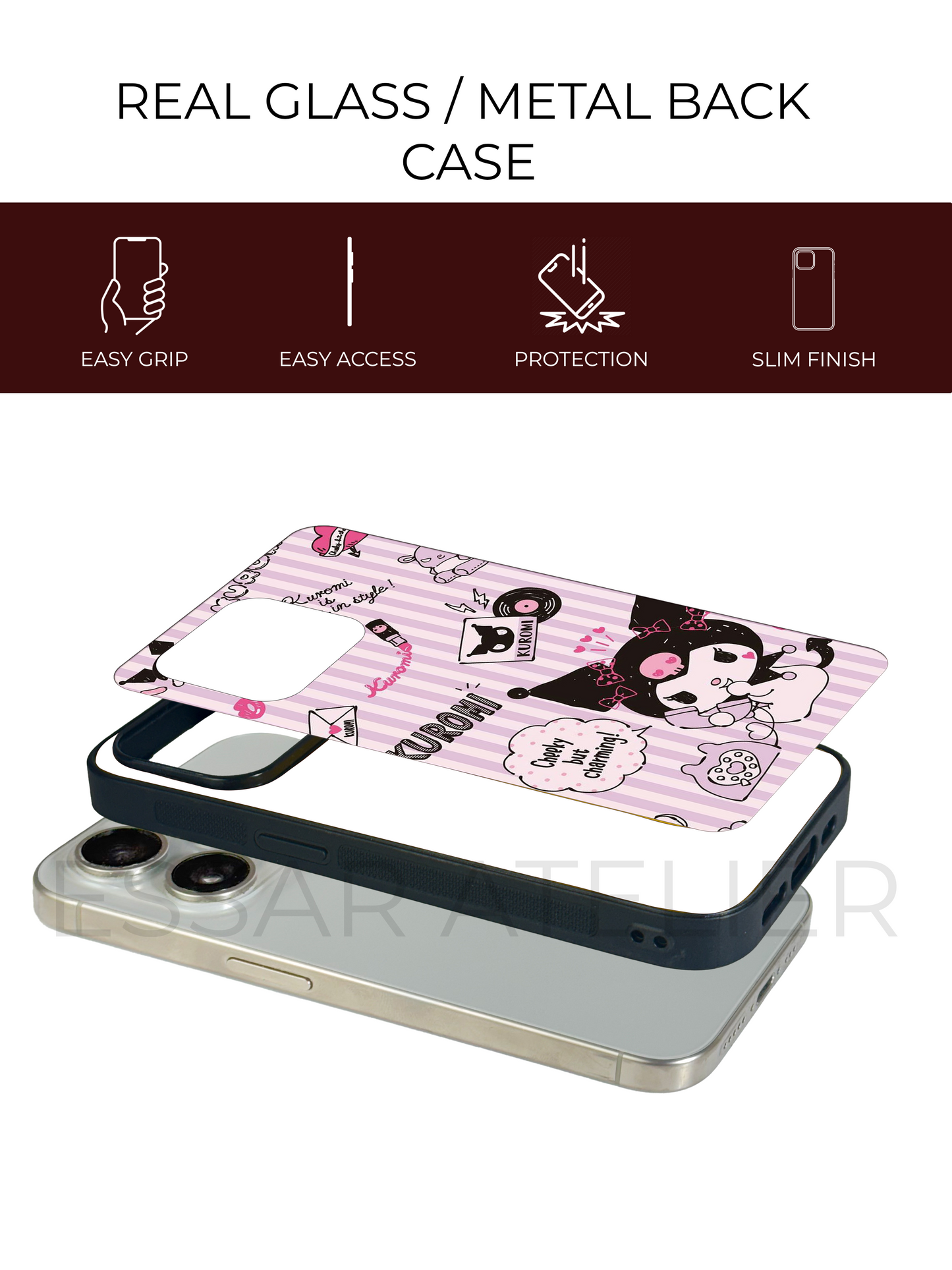 Kuromi Cat Premium Glass Back Cover For iPhone 13,14,15,16 Models | 4K Permanent Prints | Gloss Finish