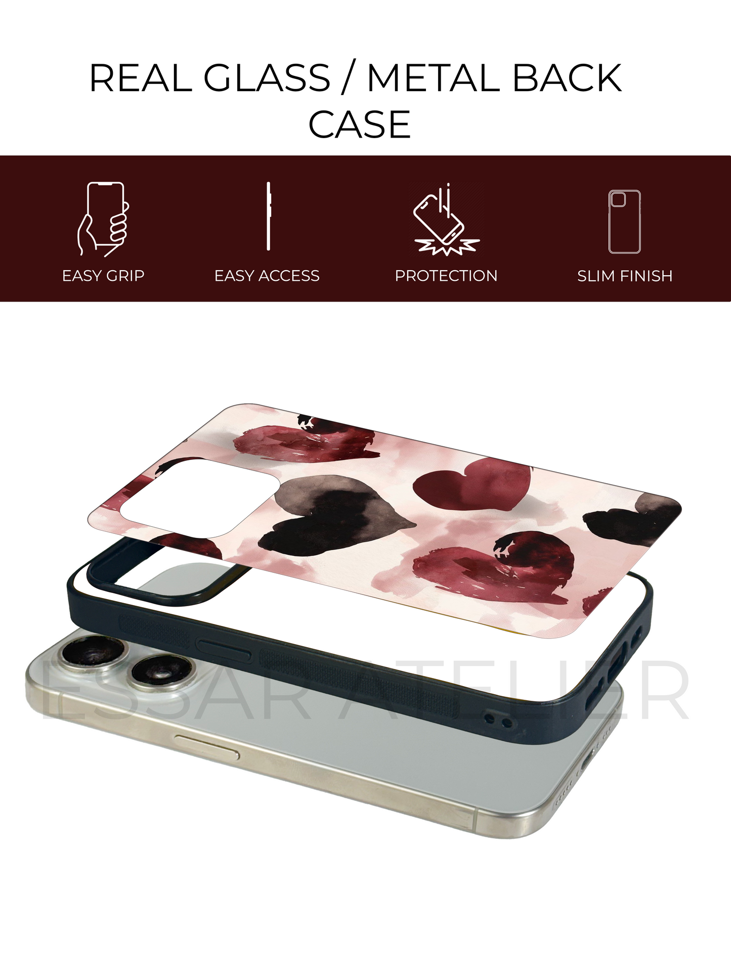 Watery Hearts Premium Glass Back Cover For iPhone 13,14,15,16 Models | 4K Permanent Prints | Gloss Finish