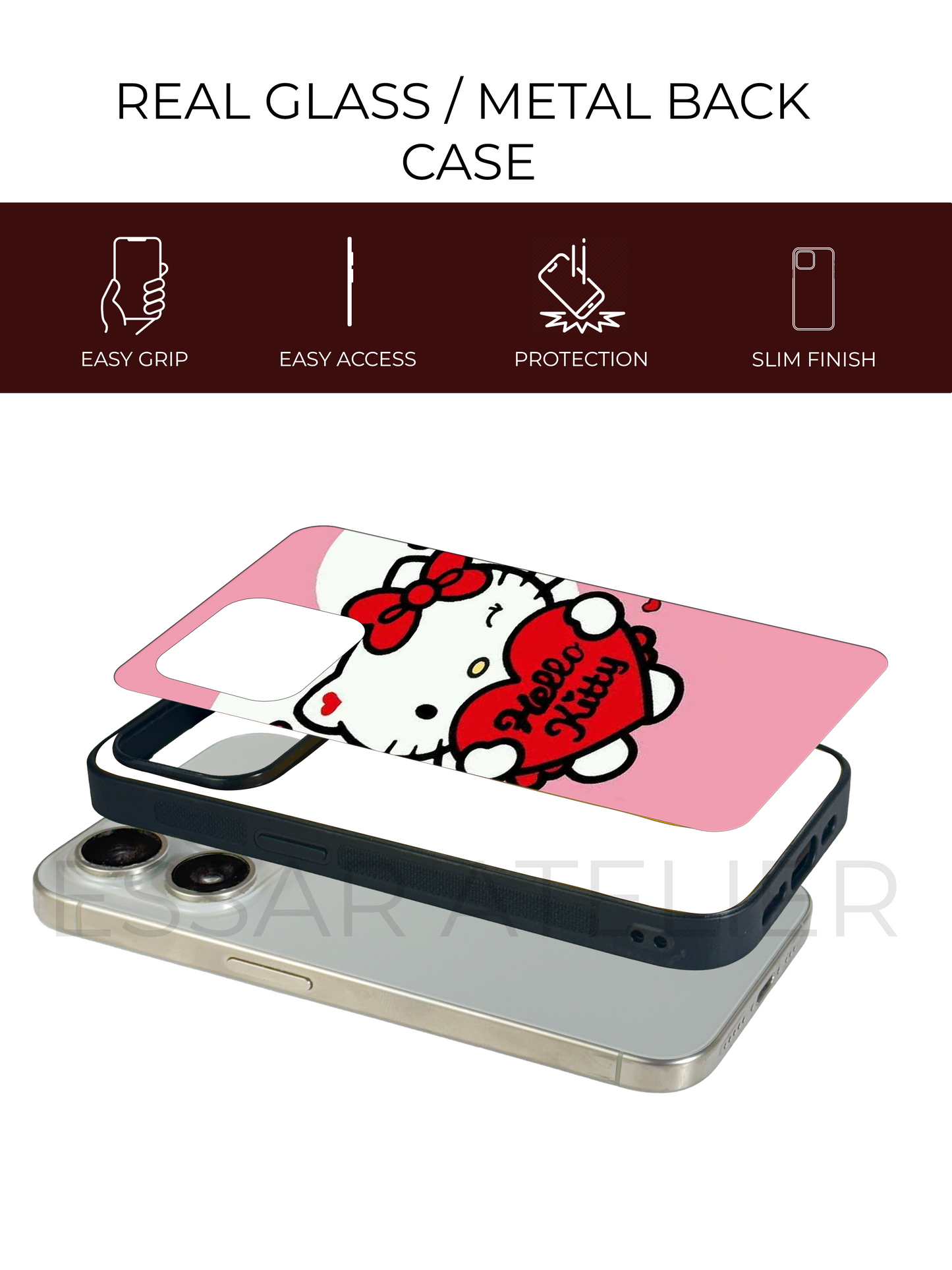 Hello Kitty Premium Glass Back Cover For iPhone 13,14,15,16 Models | 4K Permanent Prints | Gloss Finish